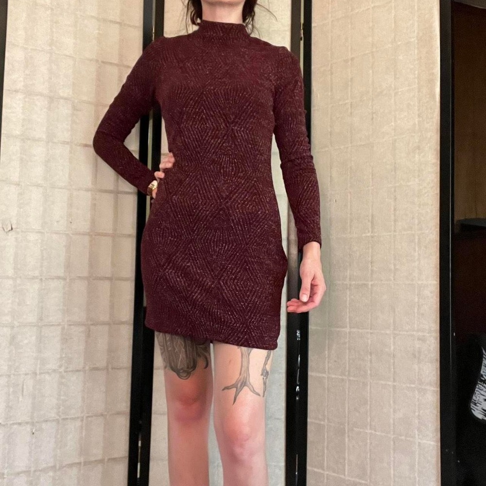 Maroon Sparkly Turtleneck Long Sleeve Bodycon Mini Dress by Speechless